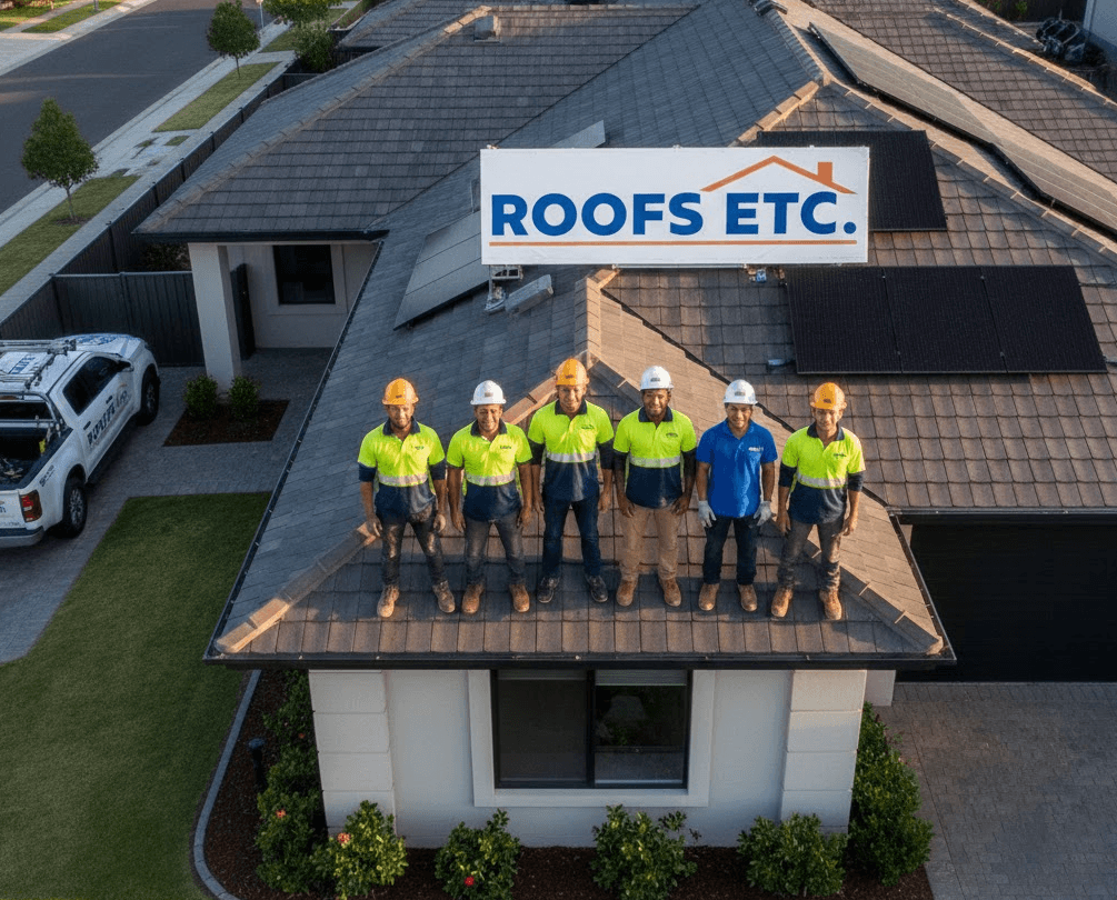 Roofs Etc crew standing on a completed residential roof
