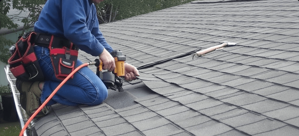 Roofer performing shingle repair with nail gun
